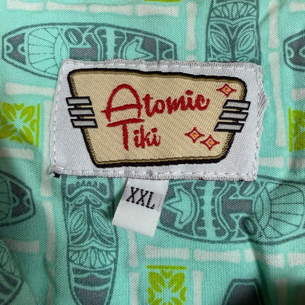 Atomic Tiki Hawaiian Shirt Mens XXL 2XL Mint Green Rayon Distressed Flawed Hole - Picture 3 of 9
